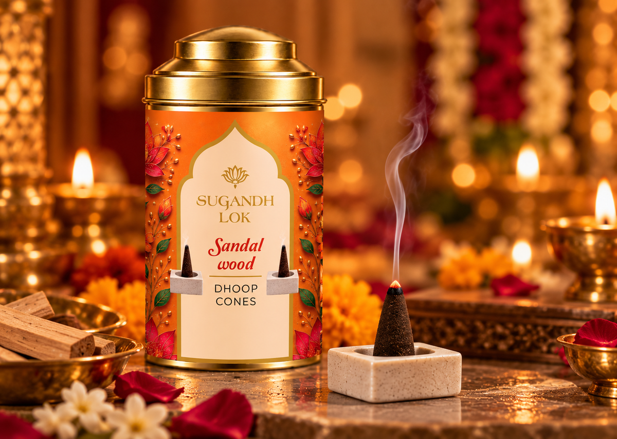 Golden Saffron and Sandalwood Phuljhari incense on a festive wooden tray