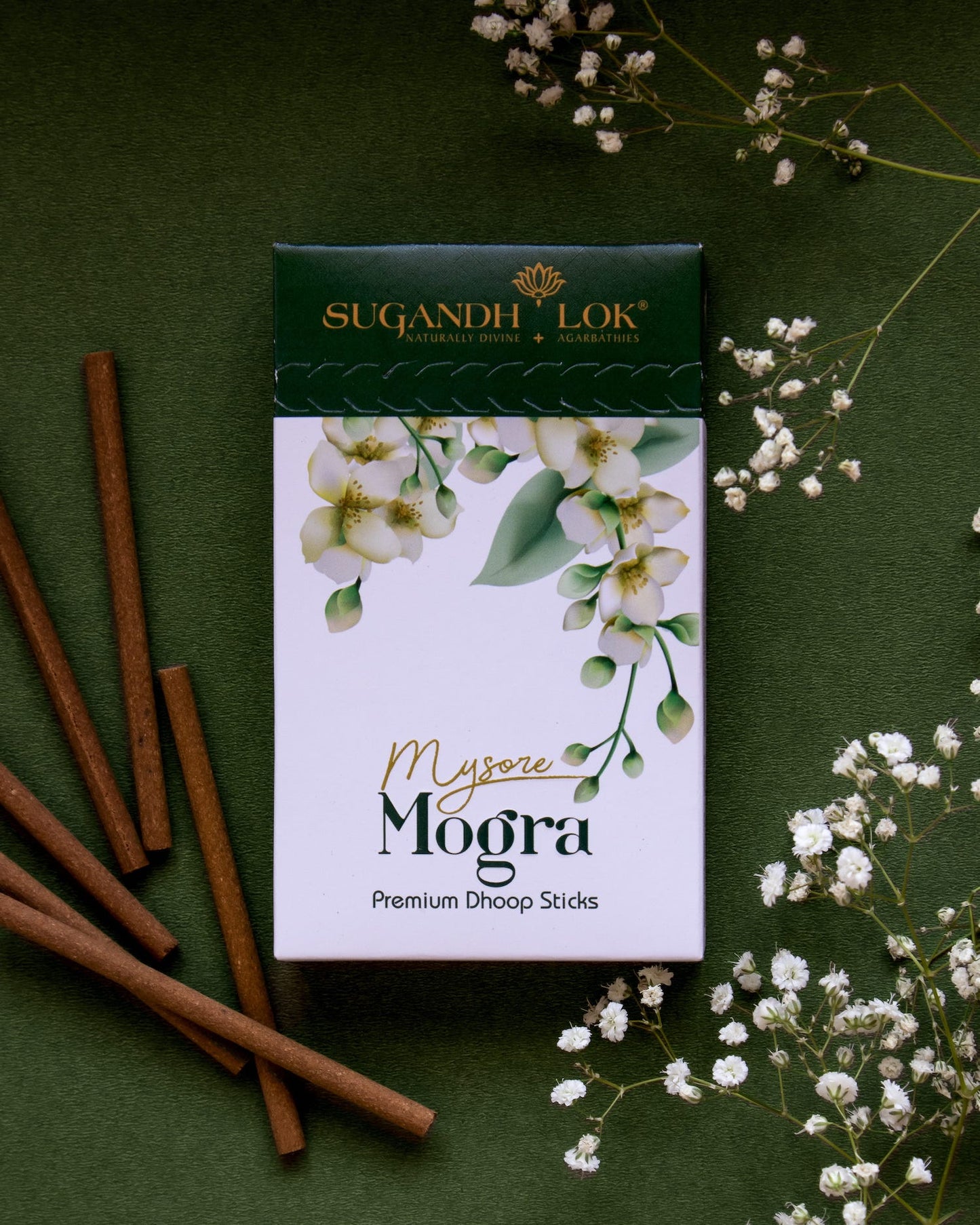 Mysore Mogra Dhoop Sticks Pouch on Green Background