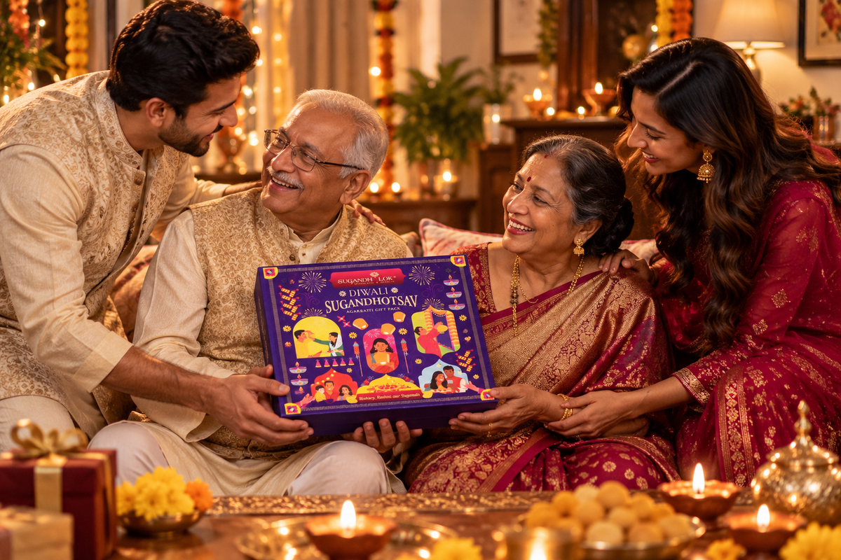 A family sharing a Sugandh Lok Diwali gift box