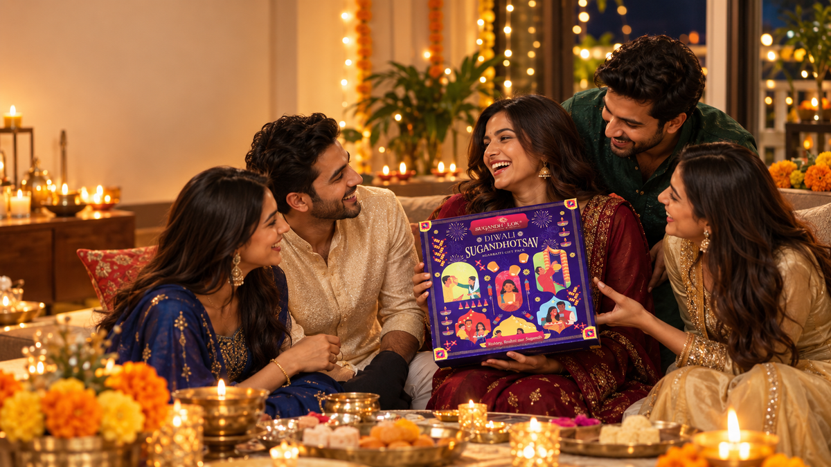 Friends celebrating Diwali together with a Sugandh Lok gift box