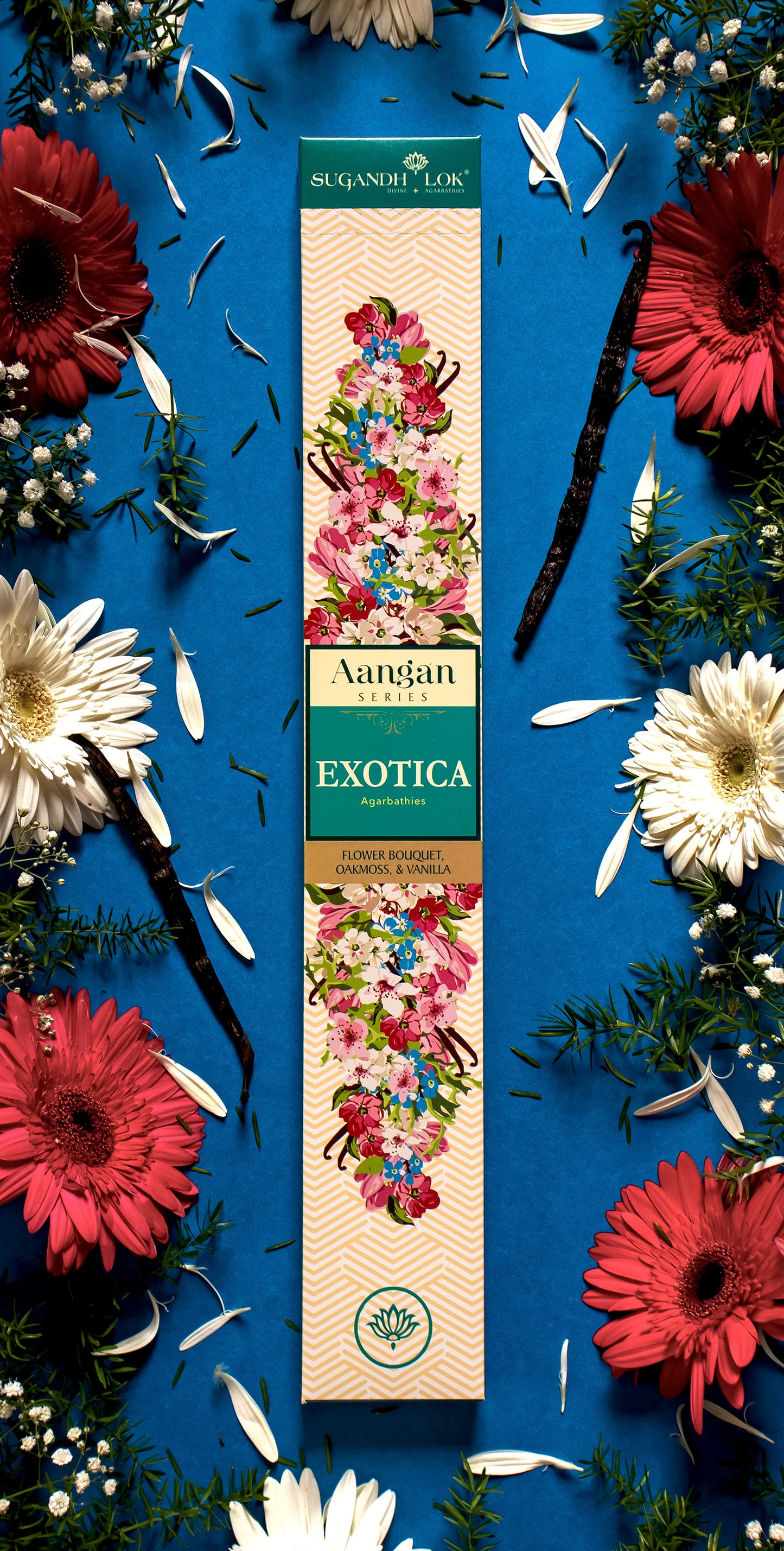 Front of Exotica Agarbatti Box surrounded by flowers and petals