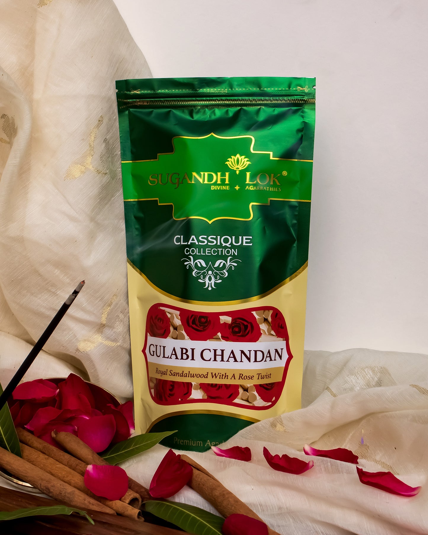 Front of Gulabi Chandan Agarbatti Pouch with chandan sticks & rose petals