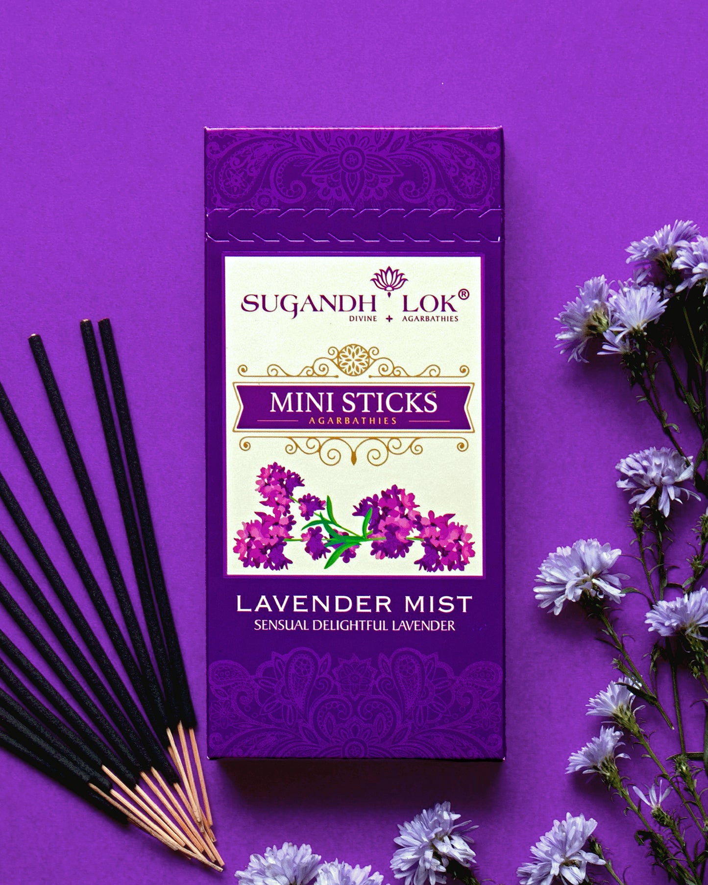 Lavender Mist Agarbatti Mini Sticks Box surrounded by lavender and incense sticks