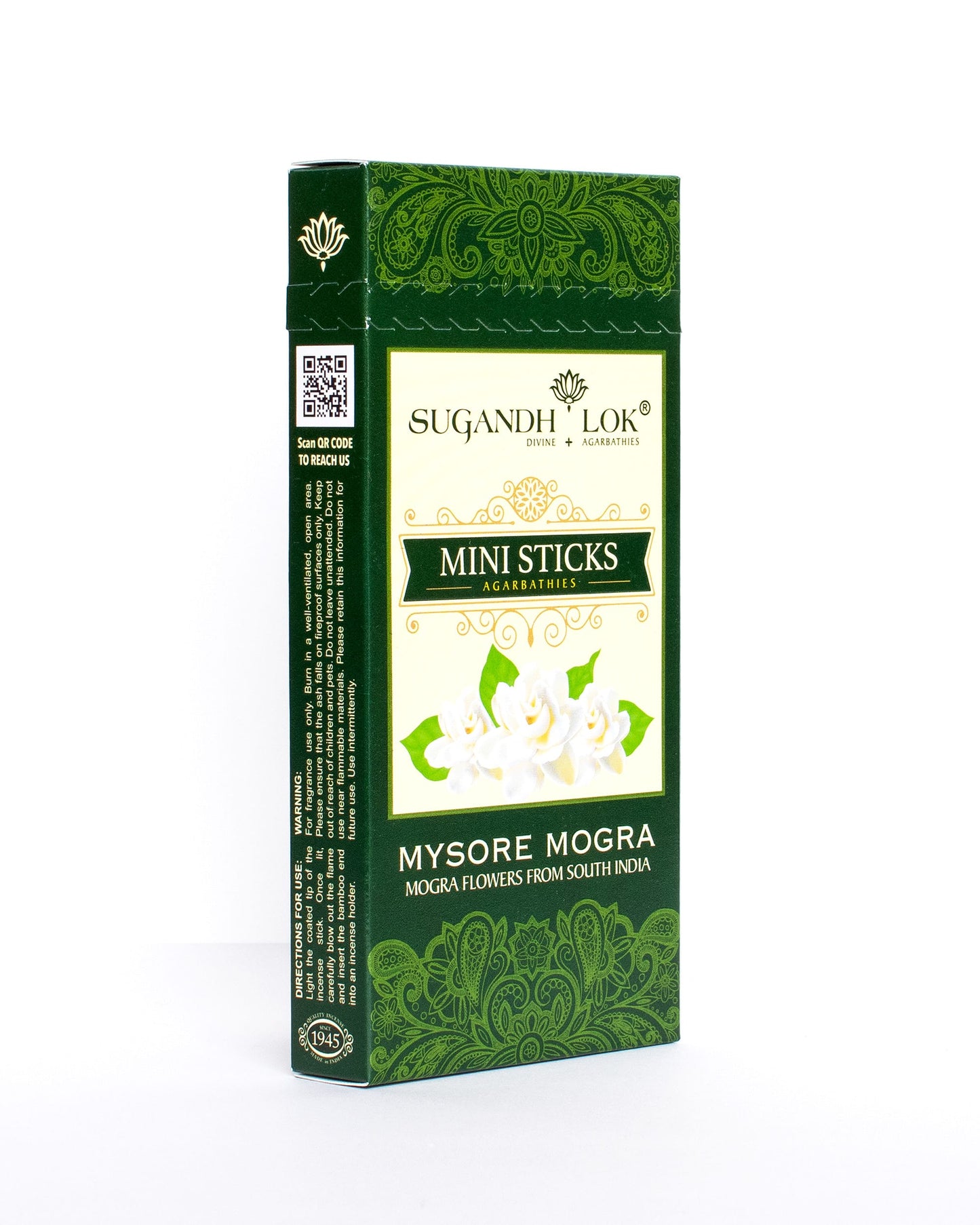 Front side-view of Mysore Mogra Agarbatti Mini Sticks Box