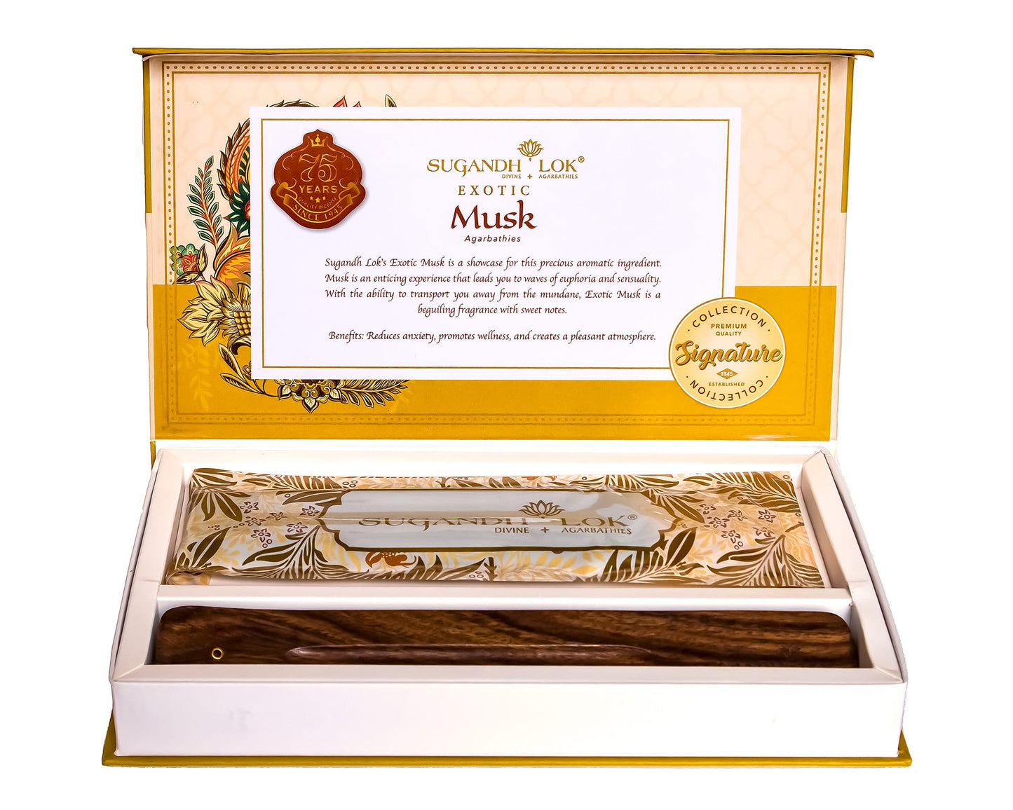 An opened Exotic Musk Agarbatti Box