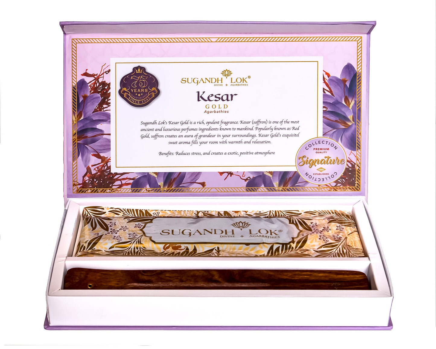 An opened Kesar Gold Agarbatti Box