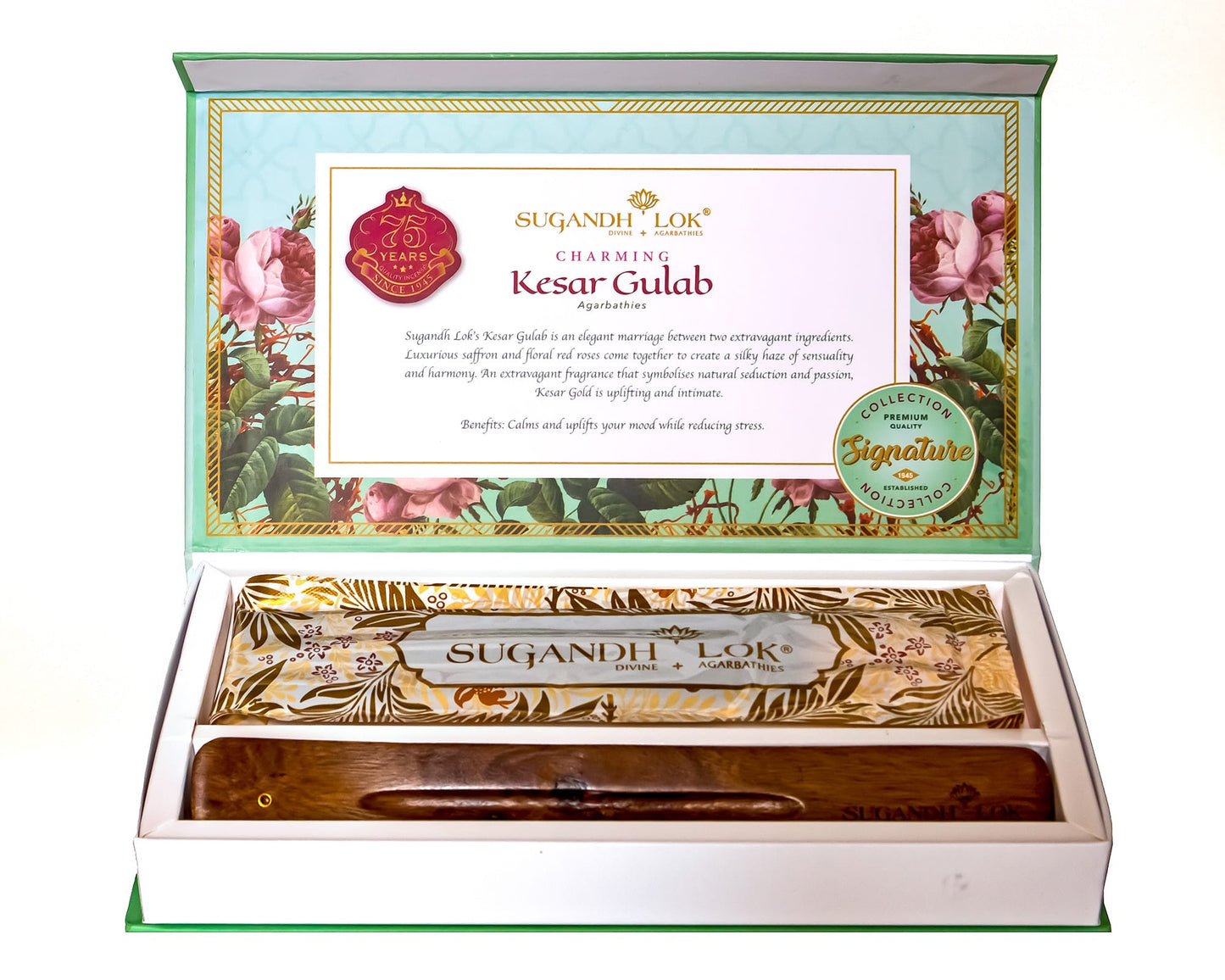 An opened Charming Kesar Gulab Agarbatti Box
