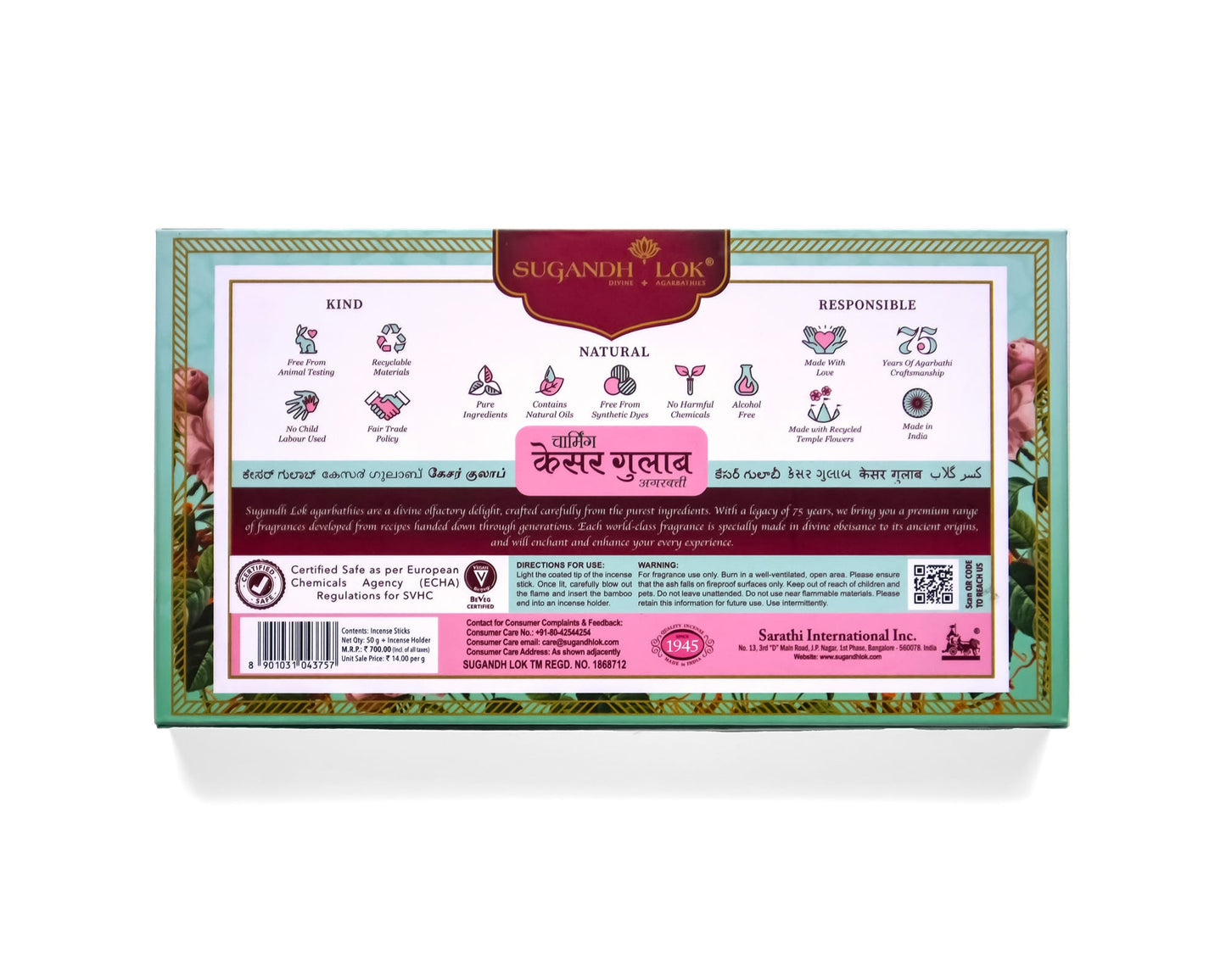 Back of Charming Kesar Gulab Agarbatti Box