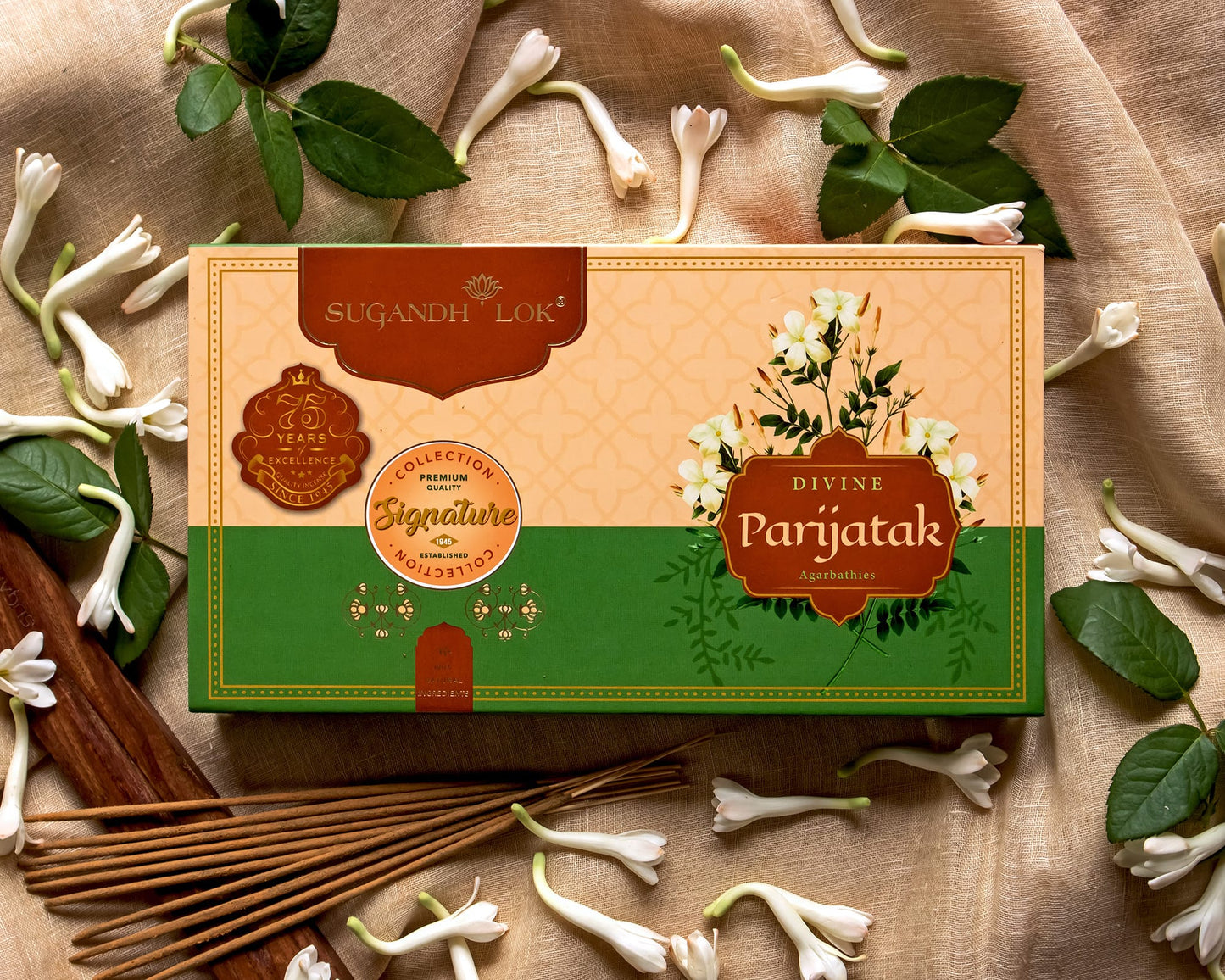 Divine Parijatak Agarbatti Box surrounded by parijatak flowers