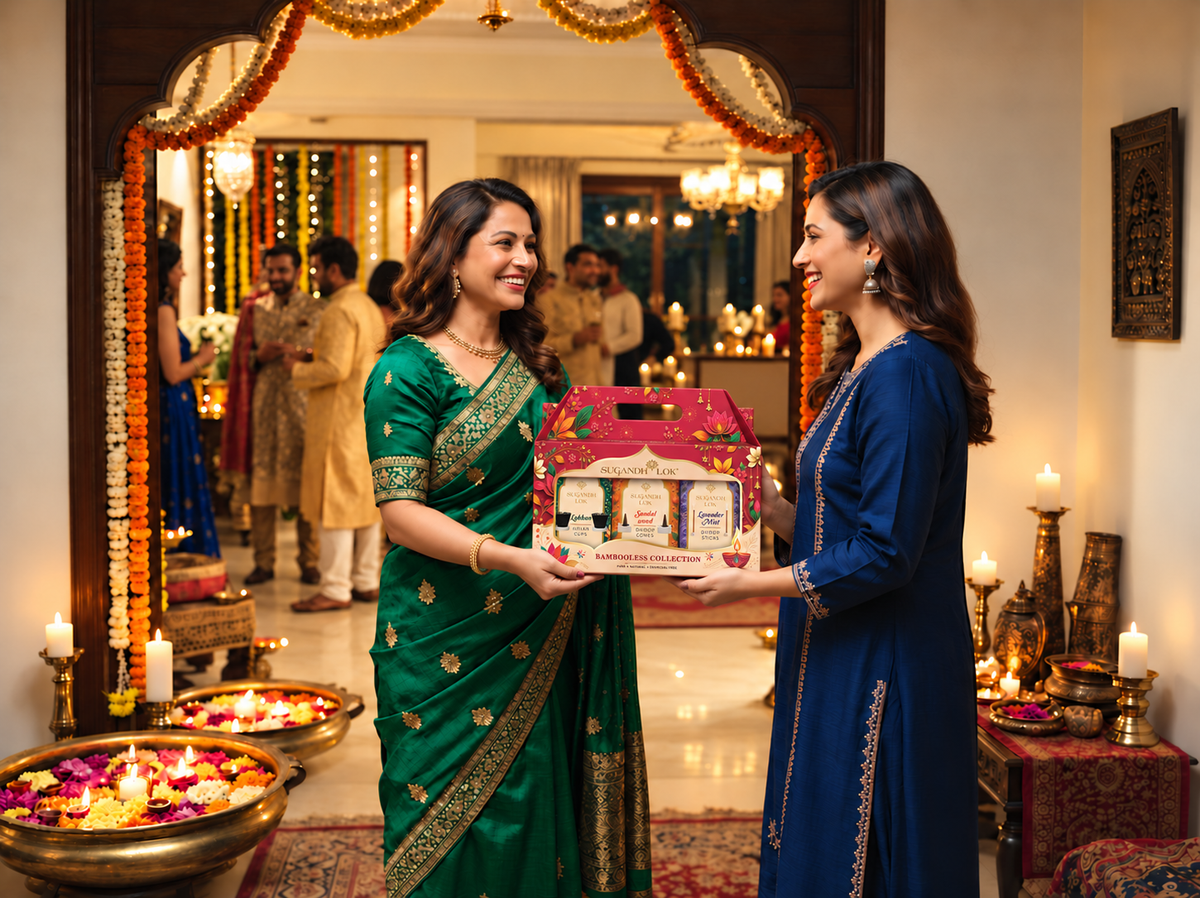 A guest giving a Diwali gift to her host