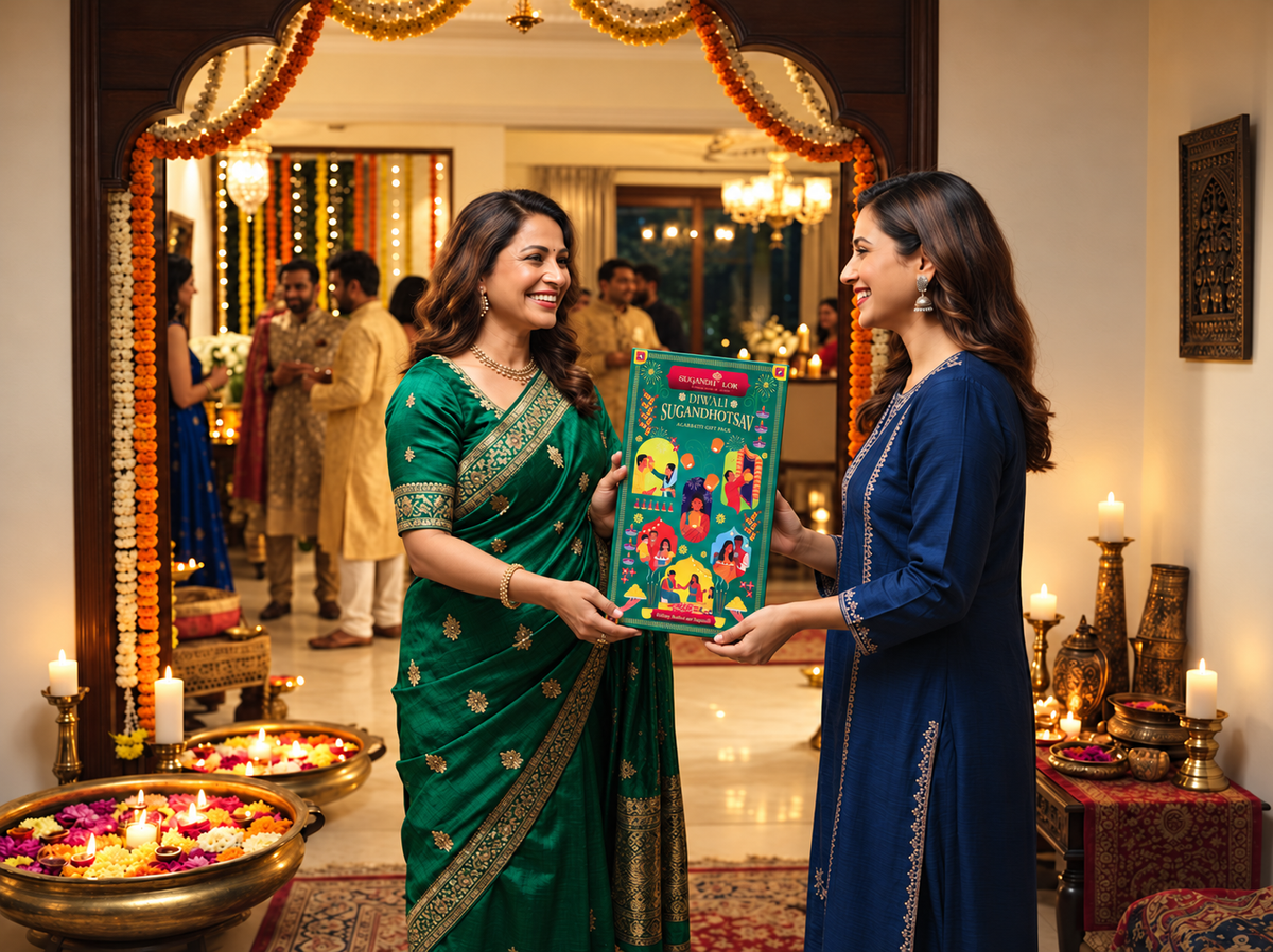A guest giving a Diwali gift to her host