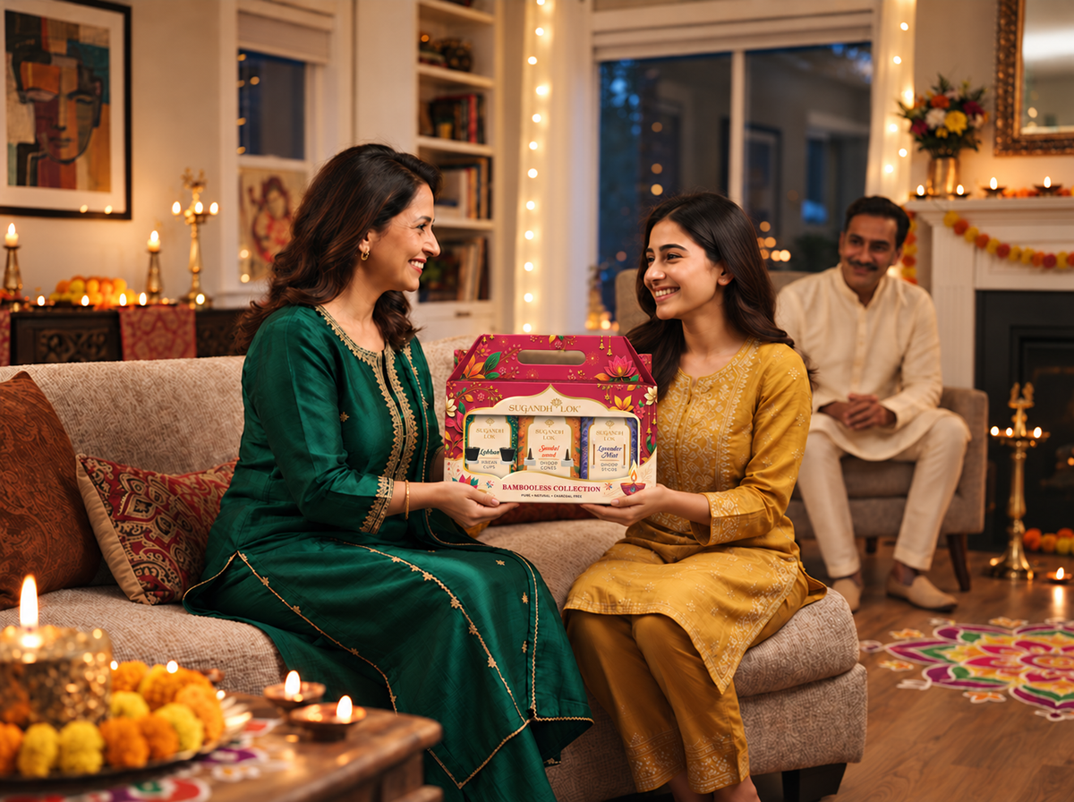 Family sharing a Sugandhotsav Diwali gift