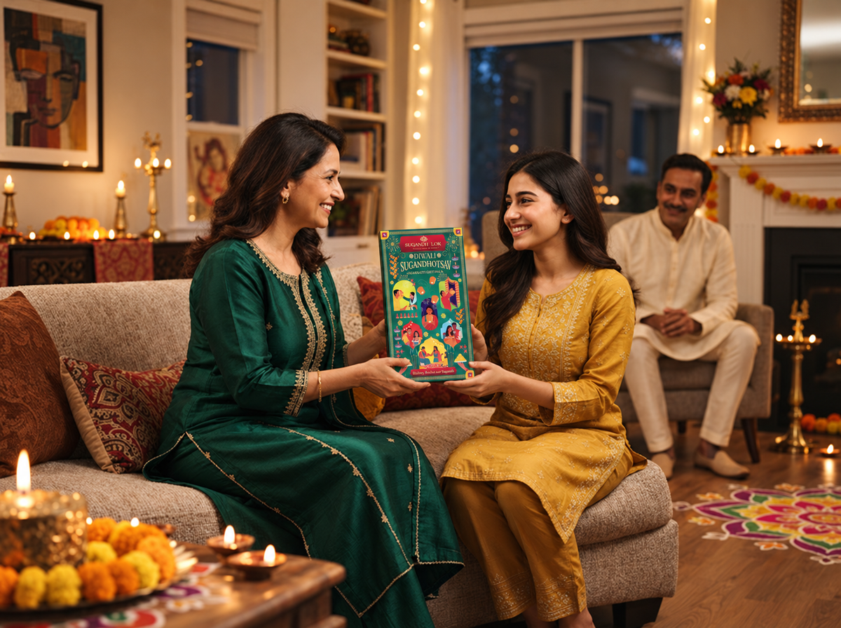 Family sharing a Sugandhotsav Diwali gift