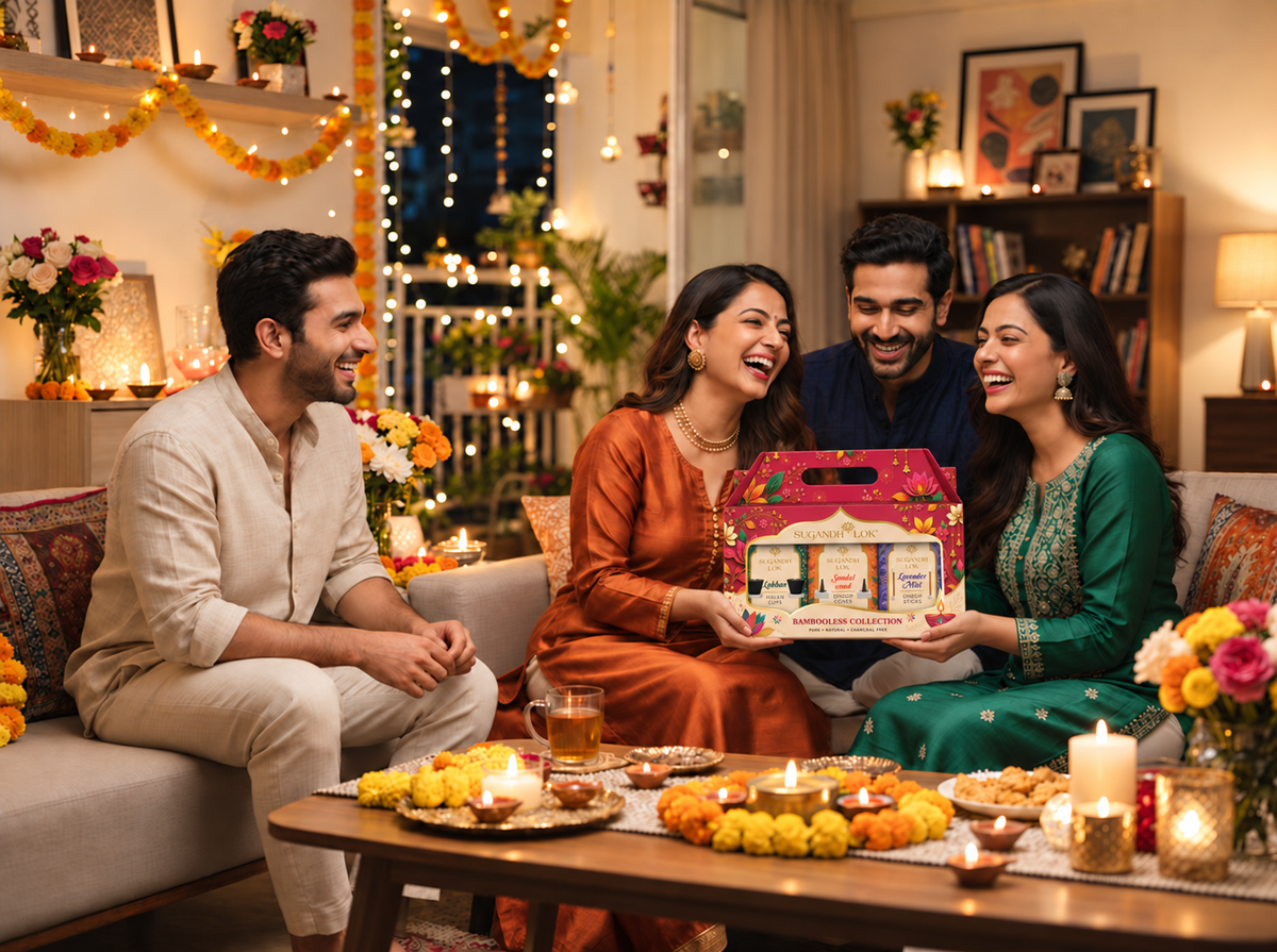 Friends gathered around a Diwali gift box