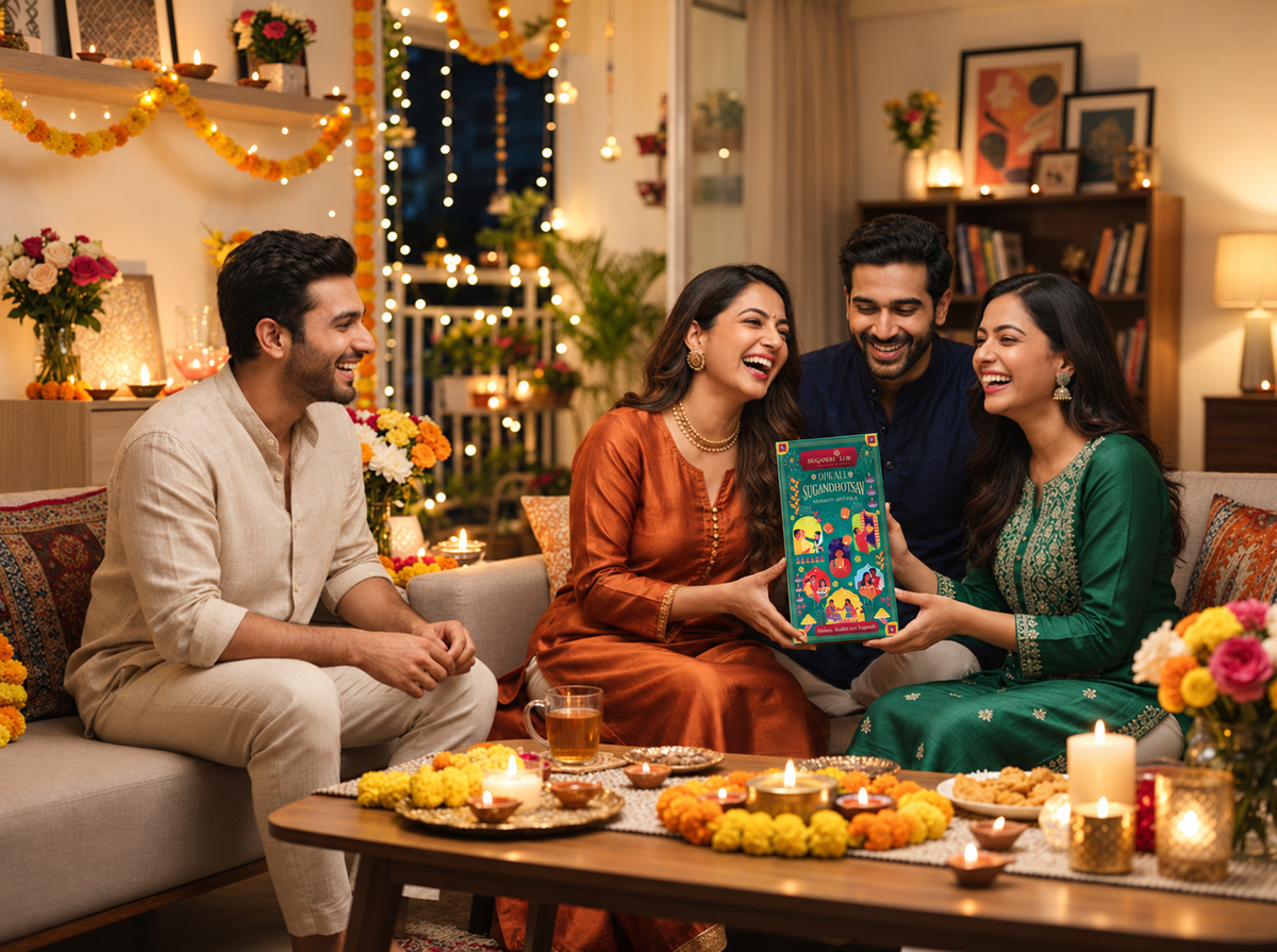 Friends gathered around a Diwali gift box