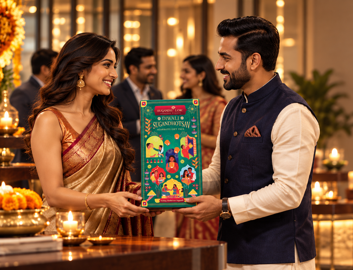 Colleagues exchanging a Sugandhotsav gift