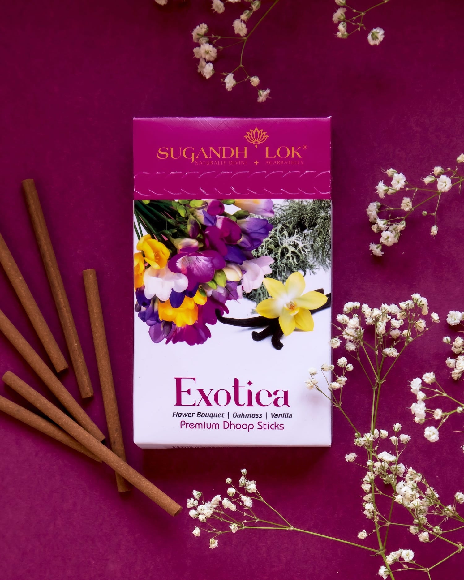 Exotica Dhoop Sticks Pouch Surrounded by Flowers and Dhoop Sticks