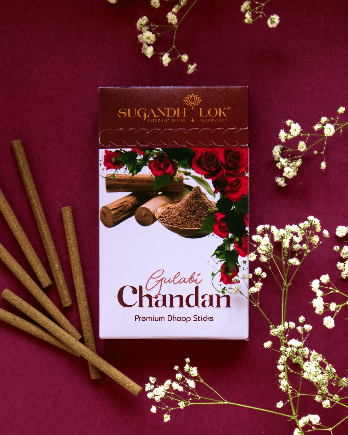 Gulabi Chandan Dhoop Sticks Pouch Surrounded by Flowers