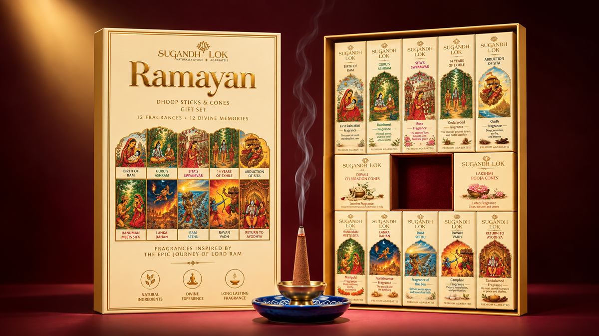 Ramayan gift set with open box, dhoop holder and fragrance collection