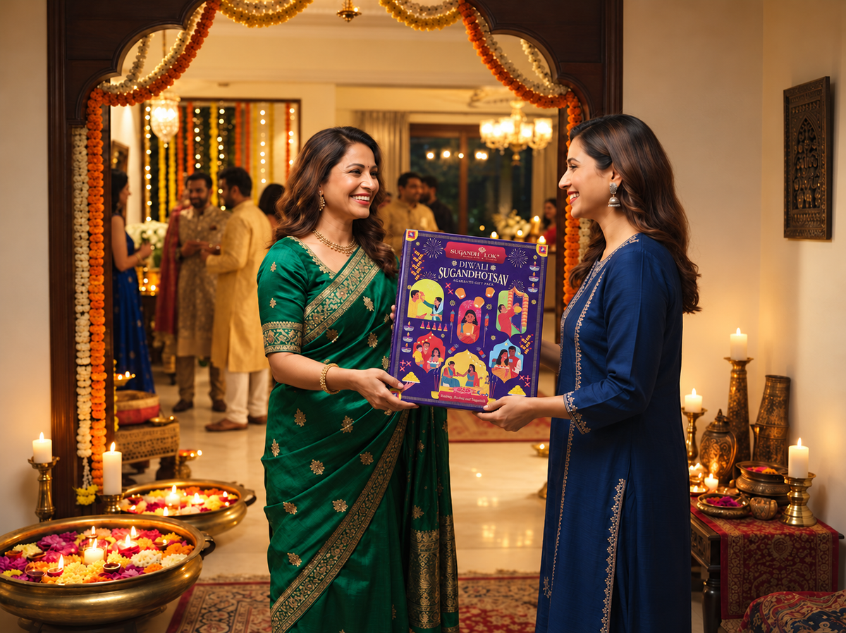 A guest presenting a festive gift to her host