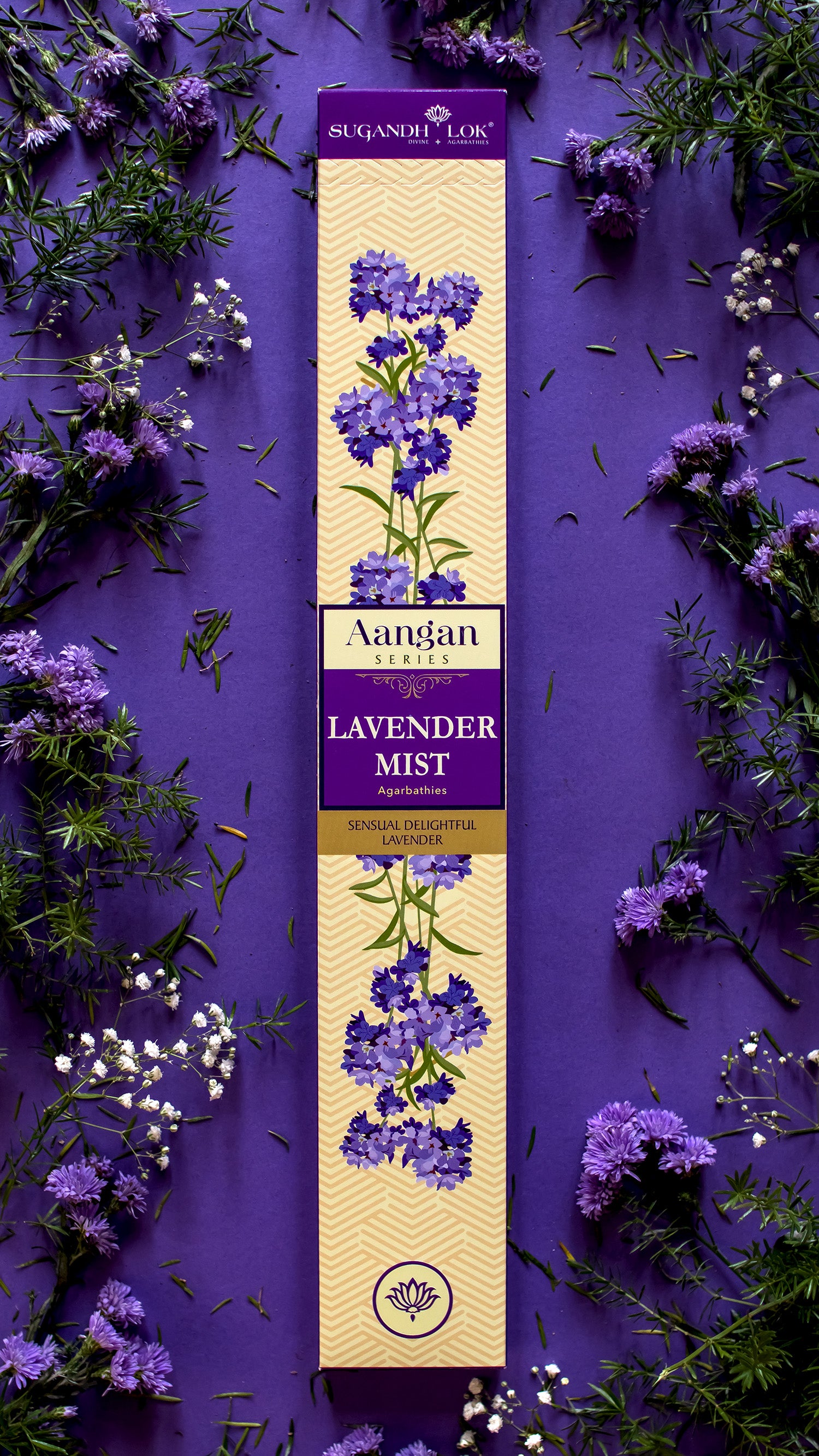 Front of Lavender Mist Agarbatti Pack surrounded by lavendaer flowers