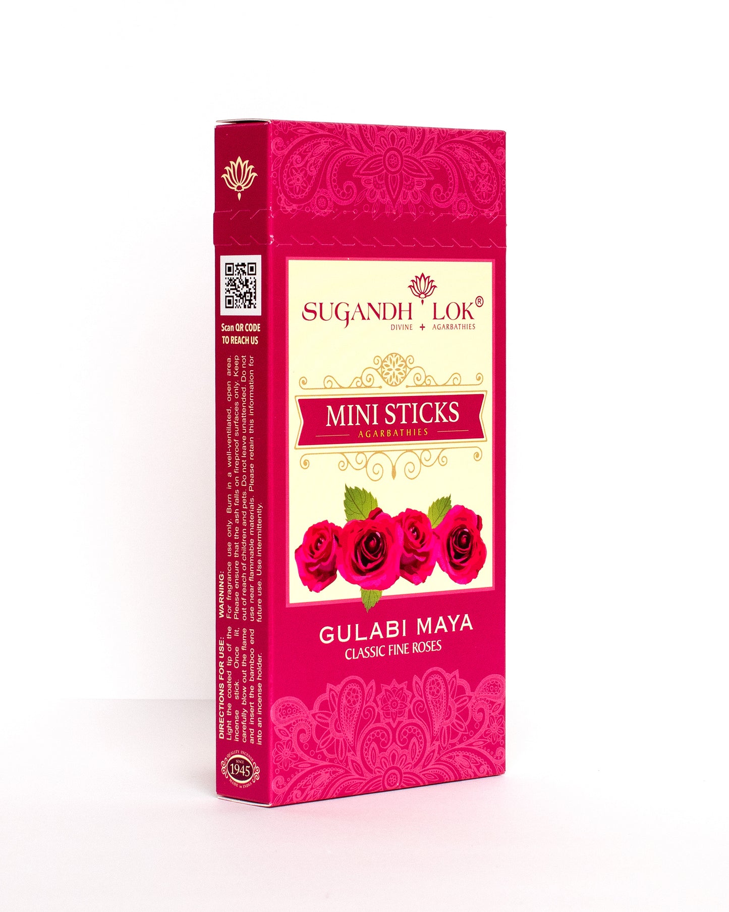 Front side-view of Gulabi Maya Agarbatti Mini Sticks Box