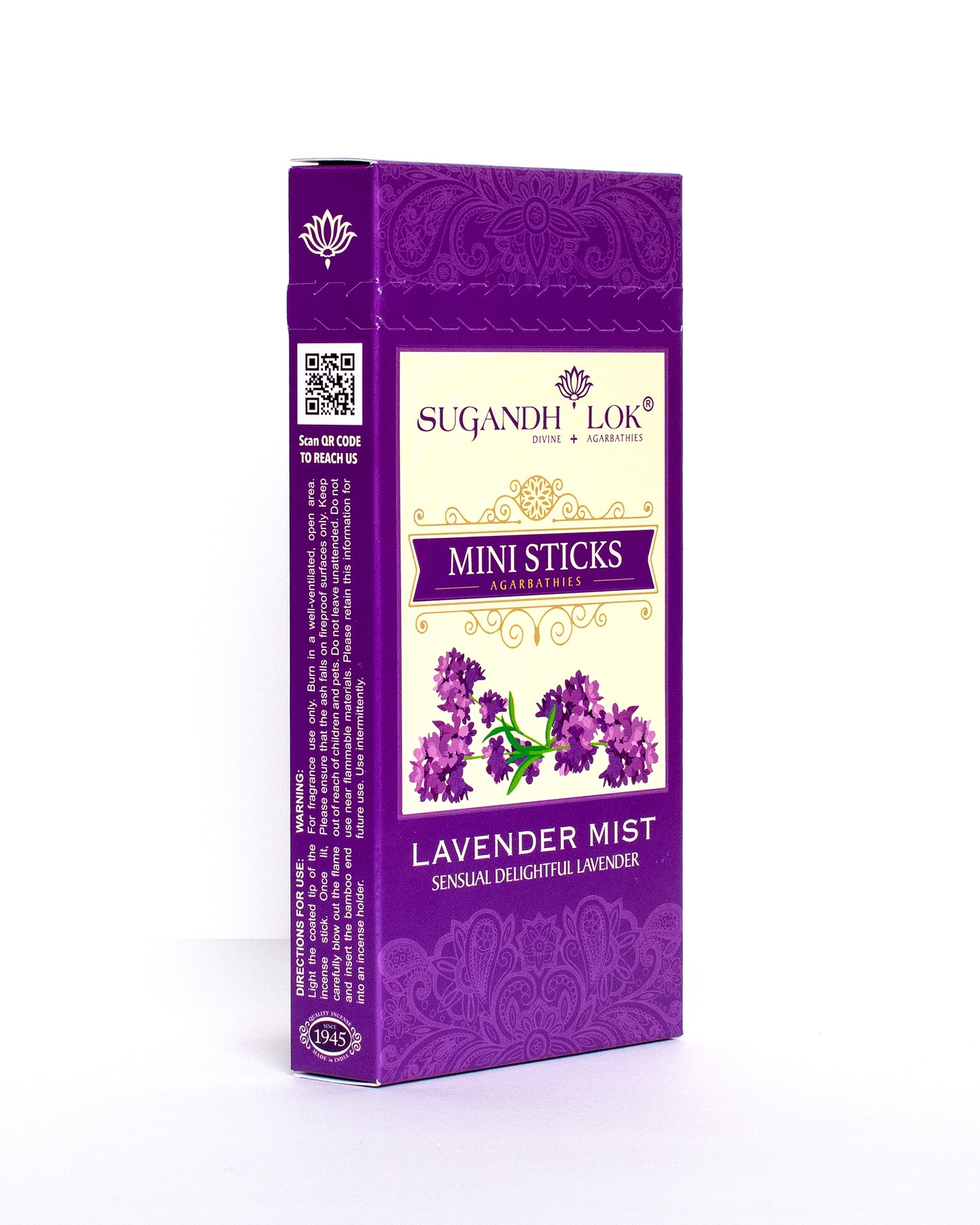 Front side-view of Lavender Mist Agarbatti Mini Sticks Box