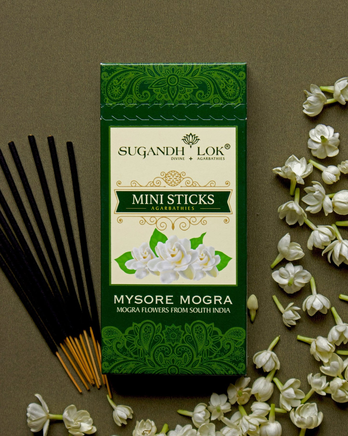 Mysore Mogra Agarbatti Mini Sticks Box surrounded by mogra flowers