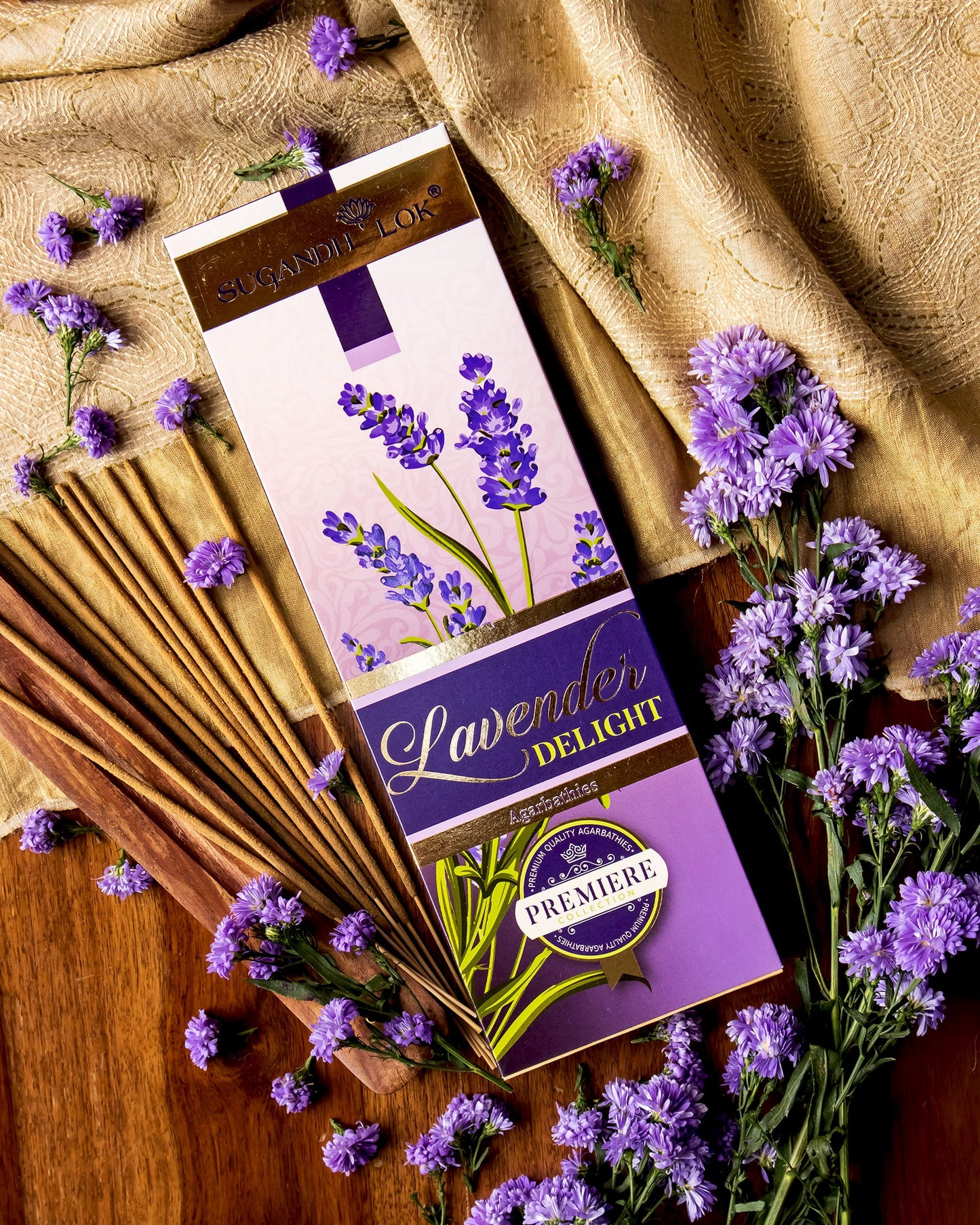 Lavender Delight Agarbatti Box surrounded by lavender flowers & incense sticks