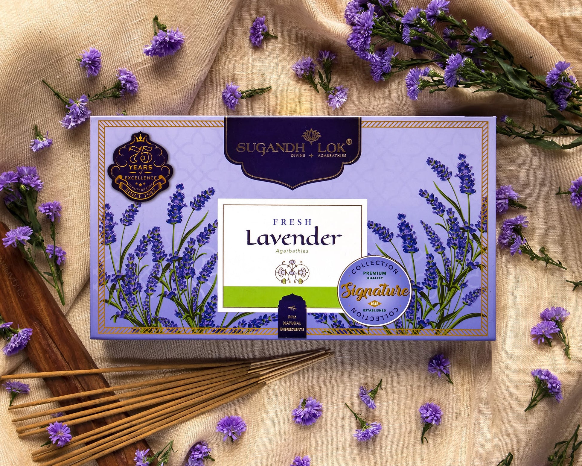 Fresh Lavender Agarbatti Box surrounded by lavender flowers