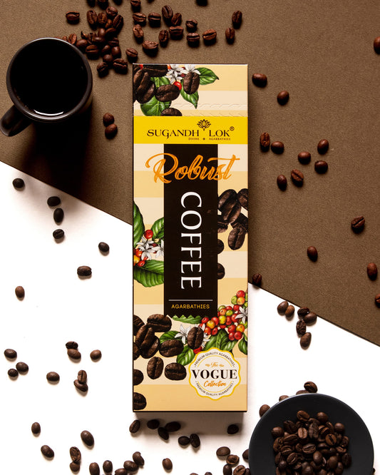Robust Coffee Agarbatti Pack surrounded by coffee beans and cup
